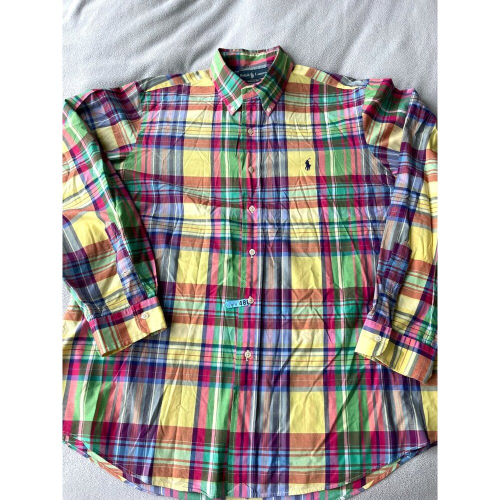 Vtg Polo Ralph‎ Lauren Shirt Mens XL Custom Fit Madras Plaid Long Sleeve Summer